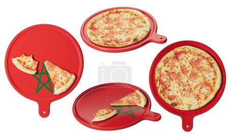 A delightful display of pizzas on red plates adorned with the green star from Moroccos flag, infusing a national twist.