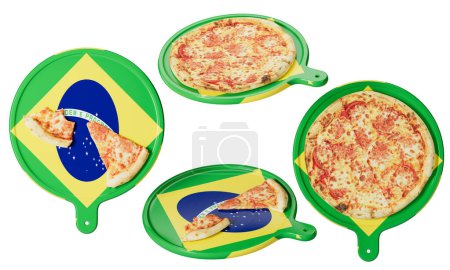 Des pizzas élégamment servies sur des assiettes faisant écho au drapeau brésilien, avec un disque vert, jaune et bleu.