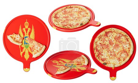 Délicieuses pizzas au fromage présentées sur des assiettes rouges rayonnantes arborant l'emblème de l'aigle à double tête monténégrin, célébrant le patrimoine.