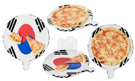 Téléchargez les photos : Des assiettes conçues avec des éléments de drapeau sud-coréens servent des pizzas au fromage alléchantes, célébrant la diversité culinaire. - en image libre de droit