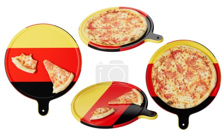Des tranches de pizza au fromage servies allègrement sur des assiettes ornées des couleurs audacieuses du drapeau allemand, symbolisant la fierté nationale par la nourriture.