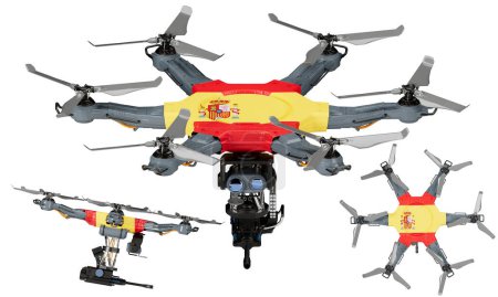 A dynamic arrangement of unmanned aerial vehicles featuring the striking black, red, and yellow of the Spain flag against a dark background.