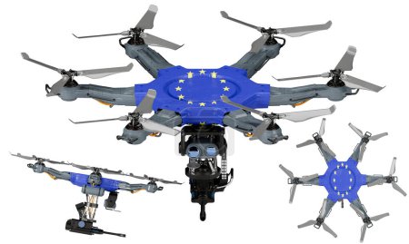 Una disposición dinámica de vehículos aéreos no tripulados con la llamativa bandera negra, roja y amarilla de la Unión Europea sobre un fondo oscuro.