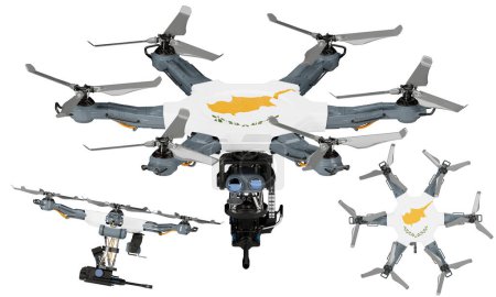 Una disposición dinámica de vehículos aéreos no tripulados con la llamativa bandera negra, roja y amarilla de Chipre sobre un fondo oscuro.