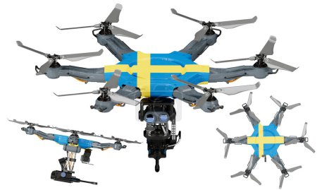 A dynamic arrangement of unmanned aerial vehicles featuring the striking black, red, and yellow of the Sweden flag against a dark background.