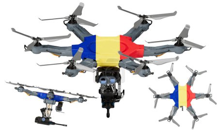 Dynamisches Arrangement unbemannter Luftfahrzeuge mit dem auffallenden Schwarz, Rot und Gelb der rumänischen Flagge vor dunklem Hintergrund.