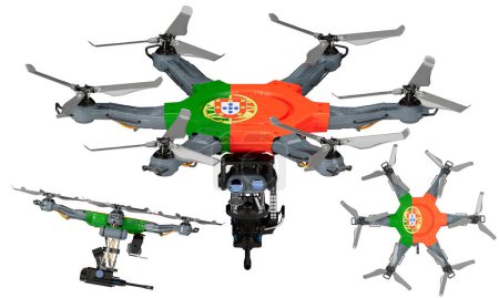 Una disposición dinámica de vehículos aéreos no tripulados con el llamativo negro, rojo y amarillo de la bandera de Portugal sobre un fondo oscuro.