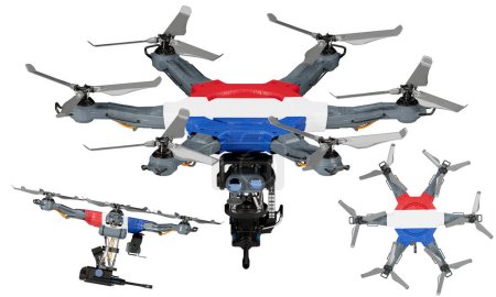 A dynamic arrangement of unmanned aerial vehicles featuring the striking black, red, and yellow of the Netherlands flag against a dark background.