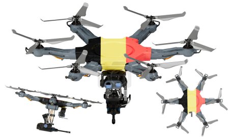 A dynamic arrangement of unmanned aerial vehicles featuring the striking black, red, and yellow of the Belgium flag against a dark background