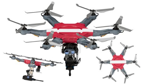 Una disposición dinámica de vehículos aéreos no tripulados con la llamativa bandera negra, roja y amarilla de Letonia sobre un fondo oscuro.