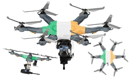 Una disposición dinámica de vehículos aéreos no tripulados con la llamativa bandera negra, roja y amarilla de Irlanda sobre un fondo oscuro.