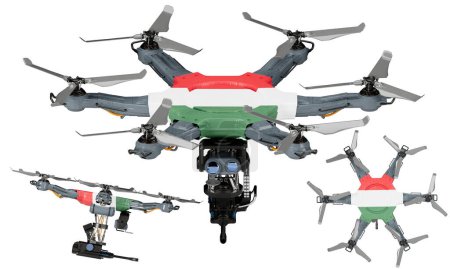 Una disposición dinámica de vehículos aéreos no tripulados con la llamativa bandera negra, roja y amarilla de Hungría sobre un fondo oscuro.