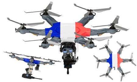 A dynamic arrangement of unmanned aerial vehicles featuring the striking black, red, and yellow of the France flag against a dark background.