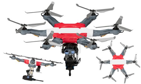 Una disposición dinámica de vehículos aéreos no tripulados con la llamativa bandera negra, roja y amarilla de Austria sobre un fondo oscuro