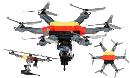 Una disposición dinámica de vehículos aéreos no tripulados con el llamativo negro, rojo y amarillo de la bandera alemana sobre un fondo oscuro.