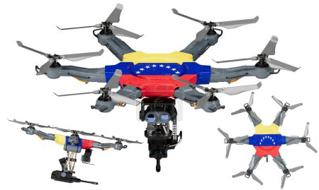 Una disposición dinámica de vehículos aéreos no tripulados con la llamativa bandera negra, roja y amarilla de Venezuela sobre un fondo oscuro.