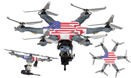 Una disposición dinámica de vehículos aéreos no tripulados con la llamativa bandera negra, roja y amarilla de los Estados Unidos sobre un fondo oscuro.