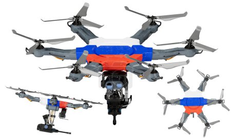 Una disposición dinámica de vehículos aéreos no tripulados con el llamativo negro, rojo y amarillo de la bandera de Rusia sobre un fondo oscuro.