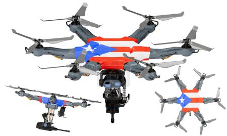 Une disposition dynamique de véhicules aériens sans pilote mettant en vedette le noir, le rouge et le jaune frappants du drapeau portoricain sur un fond sombre.