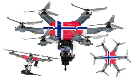 Una disposición dinámica de vehículos aéreos no tripulados con el llamativo negro, rojo y amarillo de la bandera de Noruega sobre un fondo oscuro.