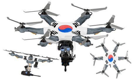Una disposición dinámica de vehículos aéreos no tripulados con el llamativo negro, rojo y amarillo de la bandera de Corea del Sur sobre un fondo oscuro.