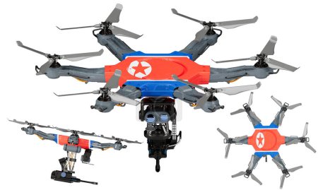 Un agencement dynamique de véhicules aériens sans pilote mettant en vedette le noir, le rouge et le jaune frappants du drapeau nord-coréen sur un fond sombre.