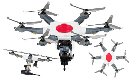 Una disposición dinámica de vehículos aéreos no tripulados con el llamativo negro, rojo y amarillo de la bandera de Japón sobre un fondo oscuro.