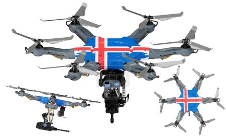 Un agencement dynamique de véhicules aériens sans pilote mettant en vedette le noir, le rouge et le jaune frappants du drapeau islandais sur un fond sombre.