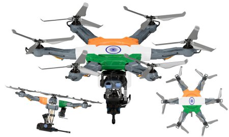 A dynamic arrangement of unmanned aerial vehicles featuring the striking black, red, and yellow of the India flag against a dark background