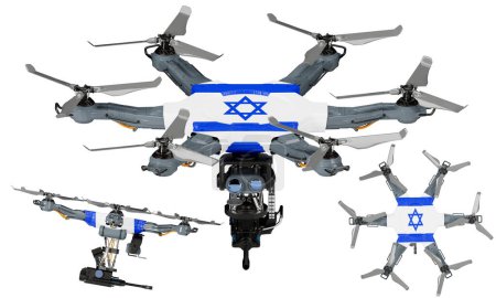 Un agencement dynamique de véhicules aériens sans pilote mettant en vedette le noir, le rouge et le jaune frappants du drapeau israélien sur un fond sombre.