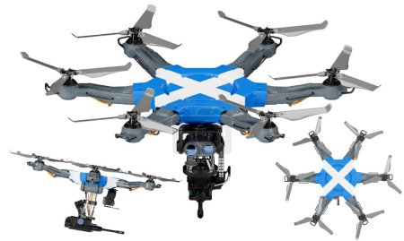 Una disposición dinámica de vehículos aéreos no tripulados con el llamativo negro, rojo y amarillo de la bandera de Escocia sobre un fondo oscuro.