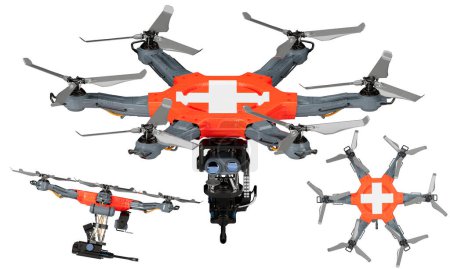 Flotte von Drohnen in den Farben der Schweizer Flagge auf Blac