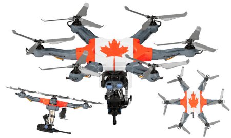 Una disposición dinámica de vehículos aéreos no tripulados con el llamativo negro, rojo y amarillo de la bandera de Canadá sobre un fondo oscuro.