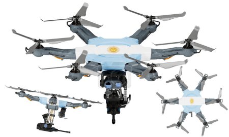 Una disposición dinámica de vehículos aéreos no tripulados con la llamativa bandera negra, roja y amarilla de Argentina sobre un fondo oscuro.