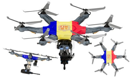 Une disposition dynamique de véhicules aériens sans pilote mettant en vedette le noir, le rouge et le jaune frappants du drapeau andorran sur un fond sombre.