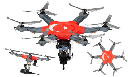 Una disposición dinámica de vehículos aéreos no tripulados con el llamativo negro, rojo y amarillo de la bandera de Turquía sobre un fondo oscuro.