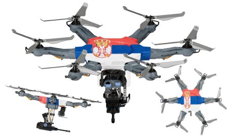 Una disposición dinámica de vehículos aéreos no tripulados con la llamativa bandera negra, roja y amarilla de Serbia sobre un fondo oscuro.