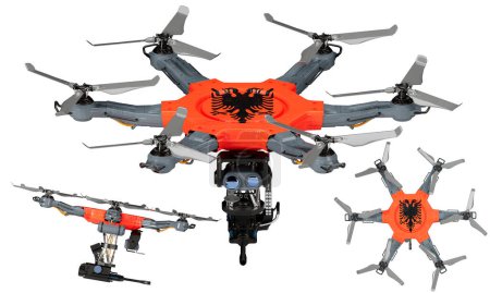 Una disposición dinámica de vehículos aéreos no tripulados con la llamativa bandera negra, roja y amarilla de Albania sobre un fondo oscuro.