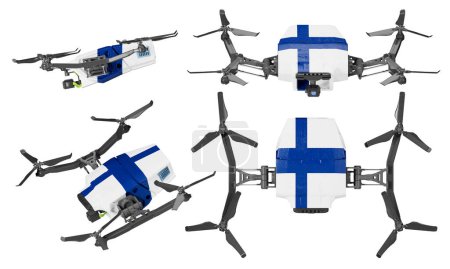 The drones in this image are gracefully adorned with the simple yet striking blue cross on white background of the Finnish flag, poised against the deep black of the night