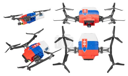 Anschaulich die slowakische Flagge darstellend, sind diese Drohnen mit roten, weißen und blauen Farbtönen und dem nationalen Emblem wunderschön vor einem kontrastierenden schwarzen Hintergrund platziert.