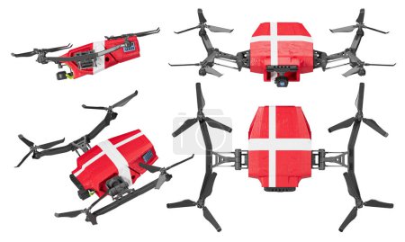 Ein künstlerisches Arrangement von Drohnen mit Dänemarks ikonischem weißen Kreuz auf rotem Hintergrund, elegant im Flug vor einem krassen schwarzen Hintergrund eingefangen
