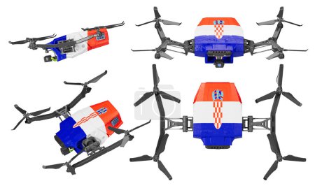 La imagen captura un escuadrón de drones adornados con vibrantes escudos de armas a cuadros croatas y tricolor, elevándose elegantemente contra un cielo negro puro