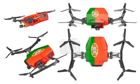 Captured in flight, these drones proudly display Portugals green and red with the emblematic coat of arms, merging cutting-edge technology with national heritage