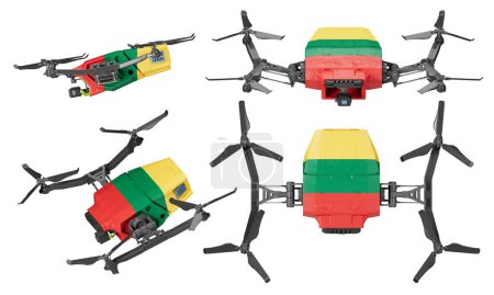 L'image montre des drones disposés en vol, chacun orné du jaune, vert et rouge du drapeau lituanien, contre la vaste obscurité du ciel nocturne