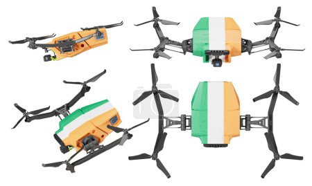Une formation de quadcoptères ornée du vert, blanc et orange de l'Irlande offre un contraste frappant dans le contexte sombre, symbolisant l'innovation technologique et l'identité nationale.