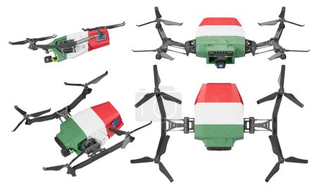 The image captures drones with the red, white, and green of Hungary's national flag, each hovering gracefully against a pitch-black sky