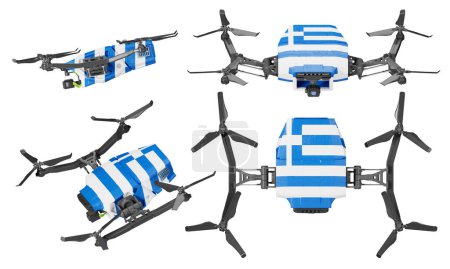 Captured against the dark expanse, these drones display the distinctive blue and white stripes of Greece's flag, with a cross symbolizing the nation's heritage