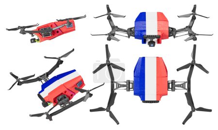 Auf diesem Bild sind elegant Drohnen eingefangen, die jeweils in das Blau, Weiß und Rot der französischen Flagge gehüllt durch die Dunkelheit der Nacht navigieren.