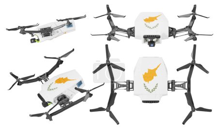 Quadcopter drones displaying the island shape and olive branches from the Cyprus flag, artistically arranged in flight on a dark background, blending technology with national symbols