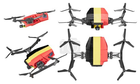 Cuatro drones capturados desde diferentes ángulos, cada uno con el negrita negro, amarillo y rojo de la bandera belga, sobre un telón de fondo oscuro que simboliza la innovación y el orgullo nacional